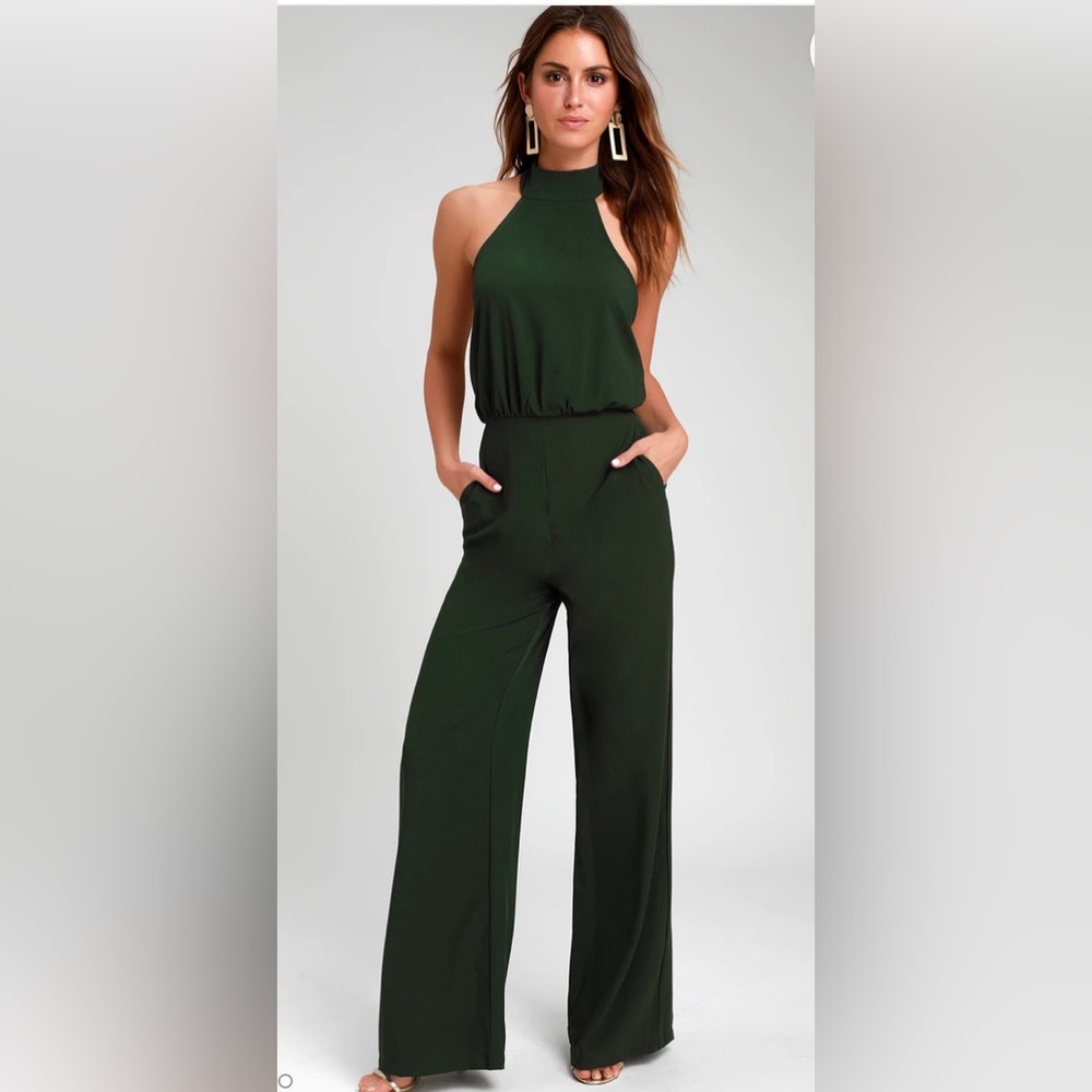 NWT Lulus Moment for Life Dark Green Halter Jumpsuit. Size XS